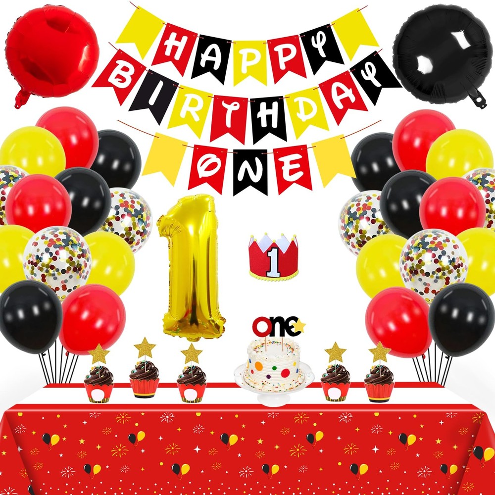 1st Red Black Yellow Party Supplies Decorations 58Pcs Happy Banner Tablecloth…