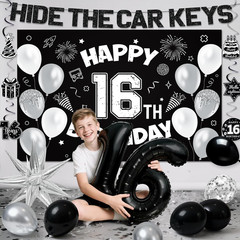 16Th Birthday Party Decorations for Boys, Black White 16Th Party Supplies with H