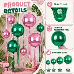 12Pcs Green and Pink Round Balloons Foil, 22″ 18″ 15″ 10″ 4D Round Ball Ballo…