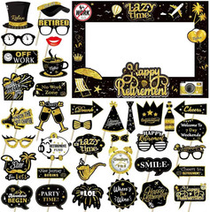 Retirement Party Photo Booth Props Kit – 37Pcs Paper Photo Props 1 Frame Glitter