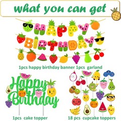 21pcs Fruit Party Decoration Set Fruit Theme Happy Banner Garland Cake Cupcak…