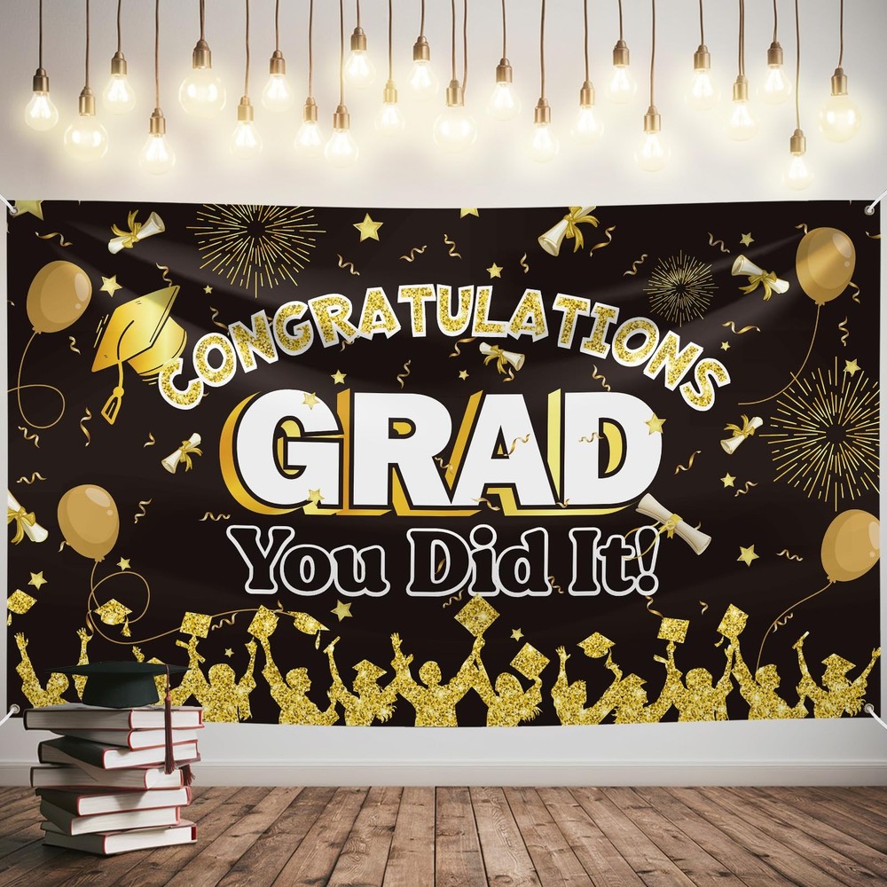 Graduation Banner, Extra Large 72×44» Black Gold Congrats Grad Banner, Gradu…