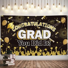Graduation Banner, Extra Large 72×44» Black Gold Congrats Grad Banner, Gradu…