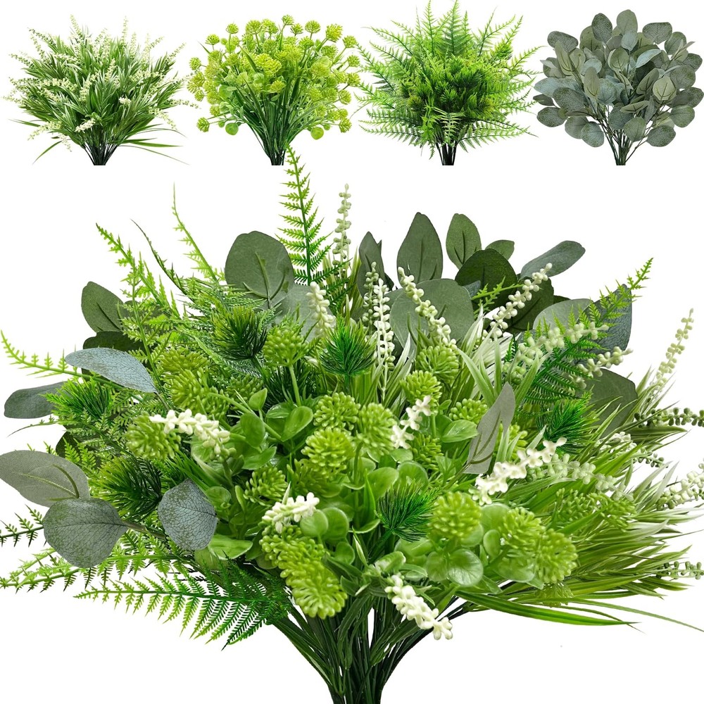 12 Bundles 4 Styles Artificial Plants Outdoor, UV Resistant No 12P, Green