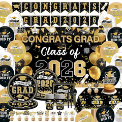 2026 Graduation Decorations Black Gold – Class of 2026 Party Decor Kit