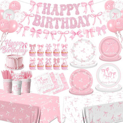 Pink Bow Birthday Set Serve 24 Plates Napkins Cups Banner Balloons Girls