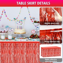 2 Pack 29.5×108 Inch Red Foil Tinsel Fringe Table Skirts Disposable Table Skirts