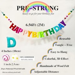 Pre-Strung Happy Birthday Banner – Felt Ball Garland – Reusable HAPPY BIRTHDAY