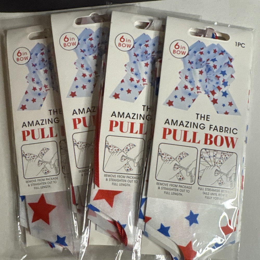 4th July USA Party Decor Fabric Pull Bow 6” WHITE w/ RED & BLUE STARS LOT of 4