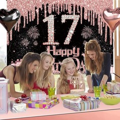 17th Birthday Decorations for Girls, 49pcs Black Rose Gold Black Banner, Tabl…