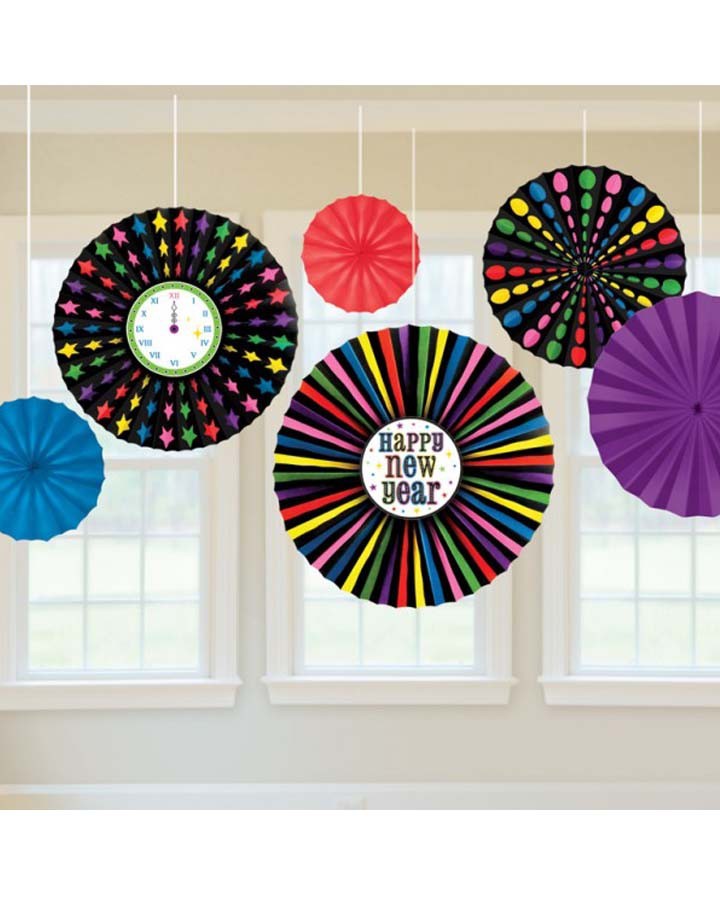 PACK OF 6 COLOURFUL HAPPY NEW YEAR PAPER FANS PARTY HANGING DECORATIONS CLOCK