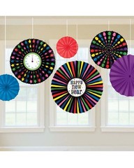 PACK OF 6 COLOURFUL HAPPY NEW YEAR PAPER FANS PARTY HANGING DECORATIONS CLOCK