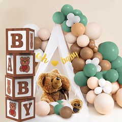 Teddy Bear Baby Shower Boxes Balloon Party Decor wood grain gender birth theme