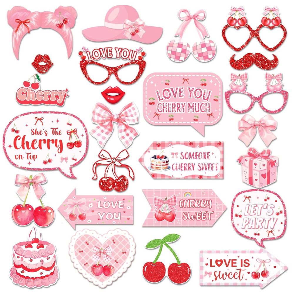 25 Pcs Cherry Photo Booth Props For Party Decoration Supplies Selfie Pink Bow