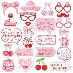 25 Pcs Cherry Photo Booth Props For Party Decoration Supplies Selfie Pink Bow