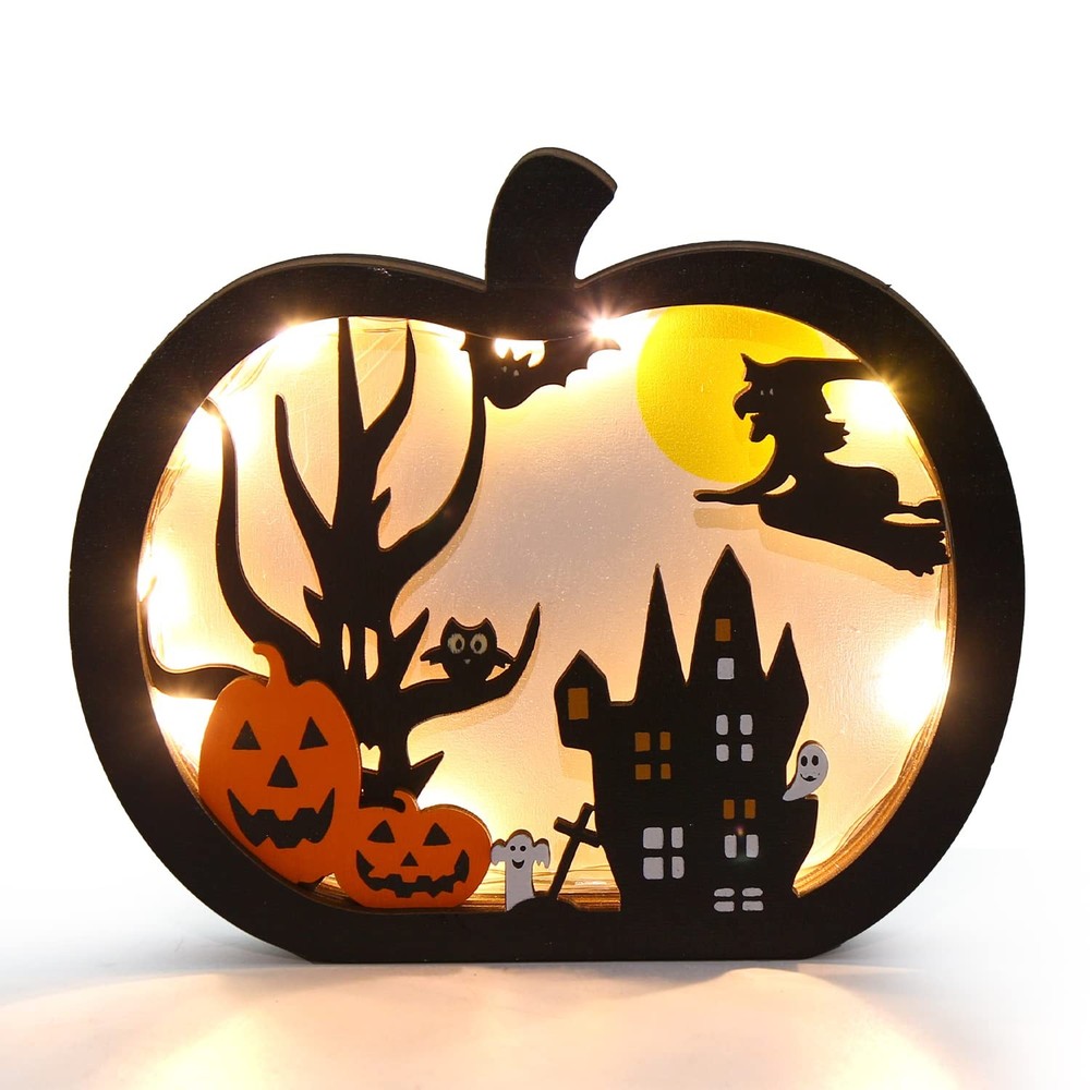 Halloween Wooden Table Sign,Light Up Pumpkin Table Centerpiece Topper for Hal…
