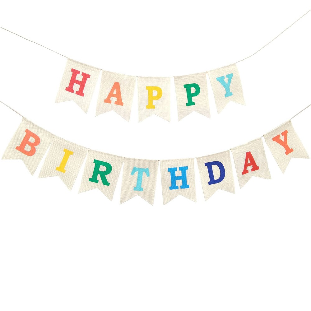 Colorful Happy Birthday Burlap Banner 5.1 inches x 7 inches, Beige,Rainbow