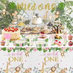Wild One Birthday Decorations Girl Tablecloth, 3Pcs Disposable Zoo Animal Jungle