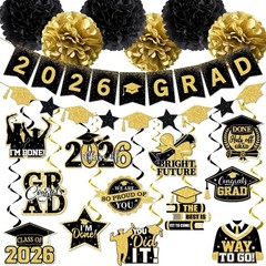 Black and Gold Graduation Decorations, 2026 Grad Banner and Congrats Grad Han…
