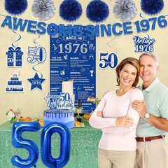 50Th Birthday Decorations Men Kit – 16 Pcs Blue Sliver Awesome since 1976 Banner