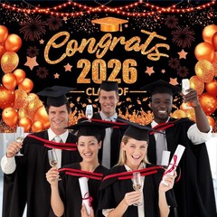Orange and Black Graduation Decorations Class of 2026 Banner