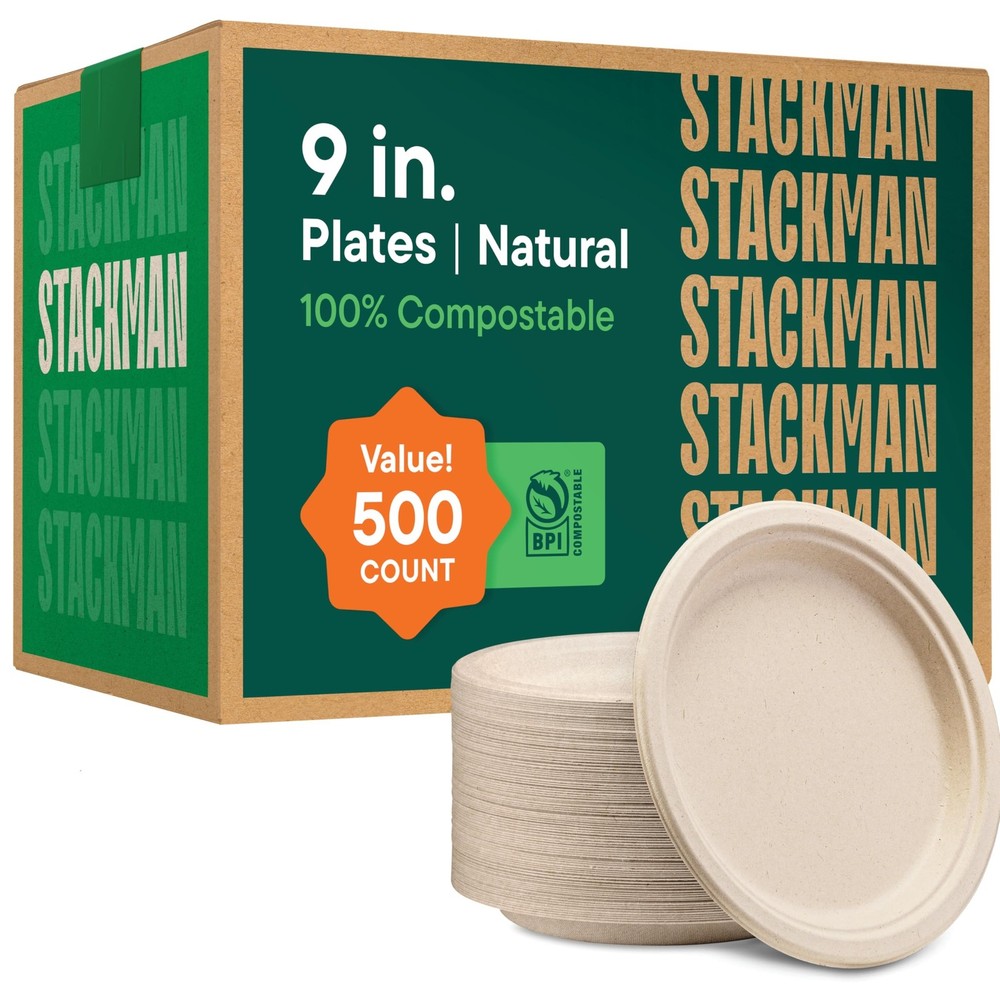 100% Compostable Paper Plates 9 Inch [500 Count] Heavy-Duty Dinner Plates – N…