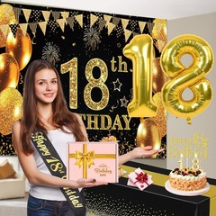 18th Birthday Party Decorations – Black & Gold Banner, Balloons, Sash, Cake Topp