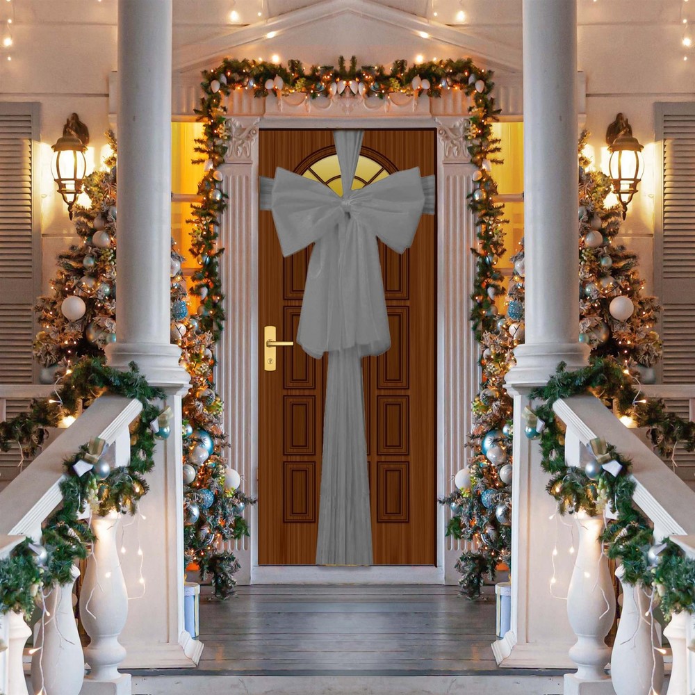 2PCS Giant Christmas Door Bow Silver Organza Wedding Festive Xmas Home Decor 9m