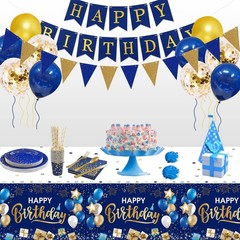 DUAIAI Happy Birthday Decorations, 3 Pcs Navy Blue and Gold Birthday Tableclo…
