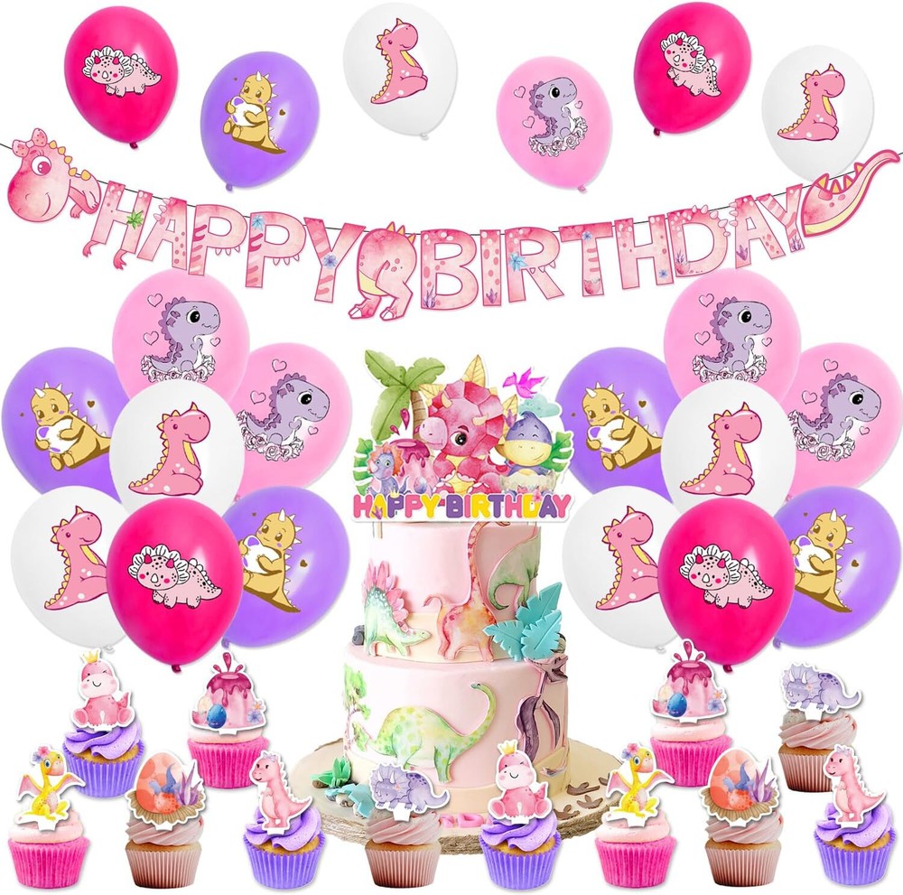 Dinosaur Birthday Party Decorations Supplies 30 Pcs with Dino Theme for Girls