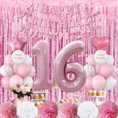 16th Decorations for Girls Pink Number 16 Balloon Bow Coquette Happy Banner F…