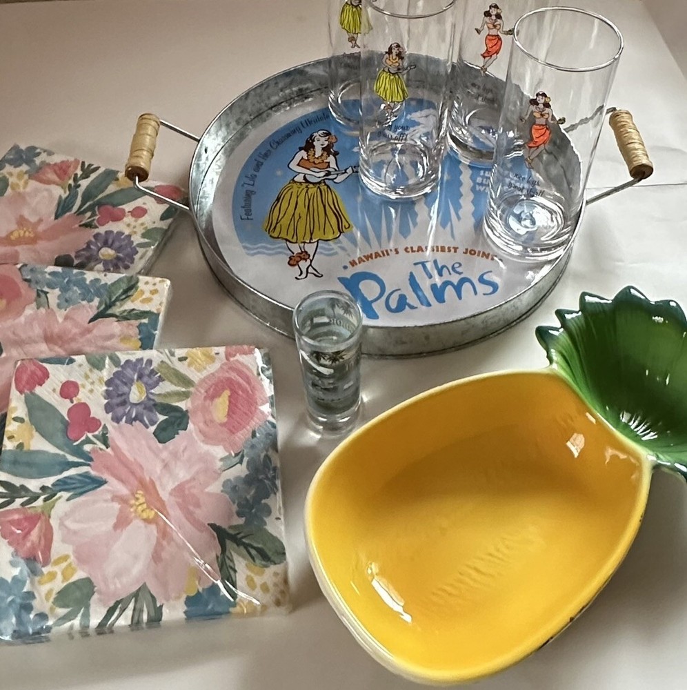 Hawaiian Hula Dancer Glasses Bar/Serving Set Hallmark Luau Ready MCM Style Party