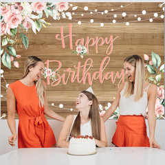 Rustic Wood Birthday Banner Happy Birthday Party Decorations Pink Floral Girls W