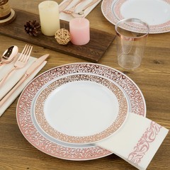 FOCUSLINE 350 Ct Rose Gold Dinnerware Set for 50 Guests, Rose Gold Lace Plast…