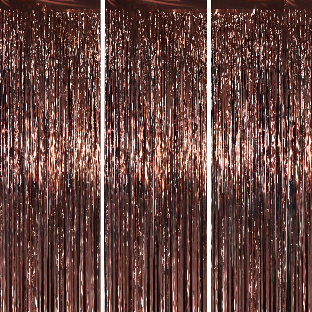 Foil Fringe Backdrop Curtains 3.3 x 6.6 ft Tinsel Streamers Decor Brown 3 Pk
