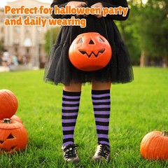 3 Pairs Halloween Striped Socks Kids Cotton Spooky Knee High Uniform 6-12 Years