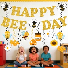 Bee Birthday Party Decorations,Glitter Happy Birthday Banner with Hanging Swi…