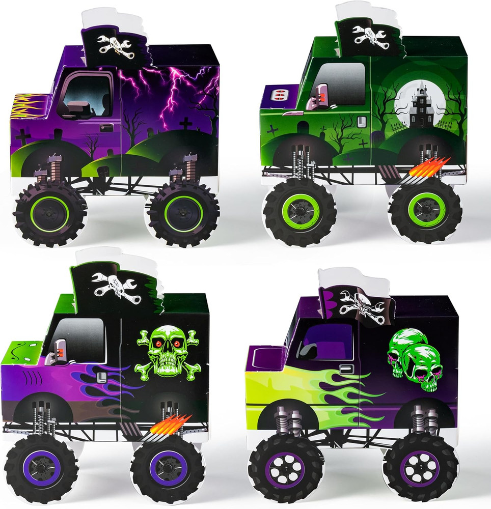 Origami Monster Truck Boxes – 12Pcs Green & Purple Monster Truck Lightning Skull