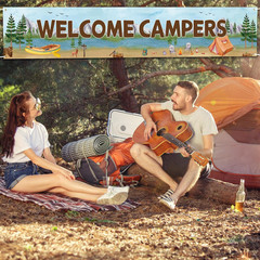 Welcome Campers Banner, Camping Theme Birthday Party Decoration, Family Camp Day