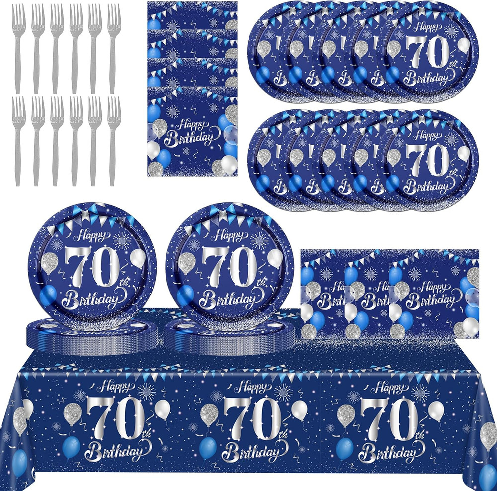 70Th Birthday Decorations for Men,61Pcs Blue Silver 70Th Birthday Decorations Ta