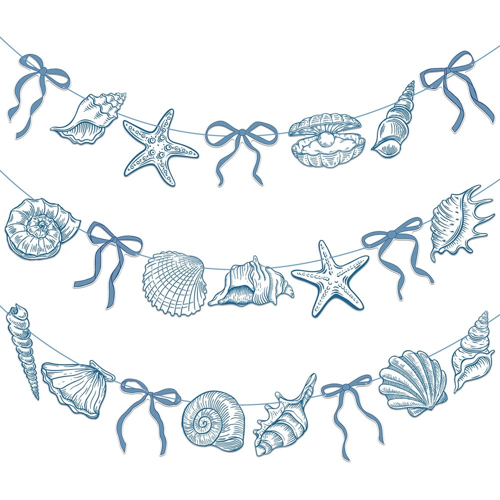 Summer Coastal Beach Party Supplies 3PCS Blue Bow Starfish and Seashell Banne…