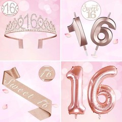 Sweet 16 Birthday Party Kit Decorations Sash Tiara Balloons Cake Topper
