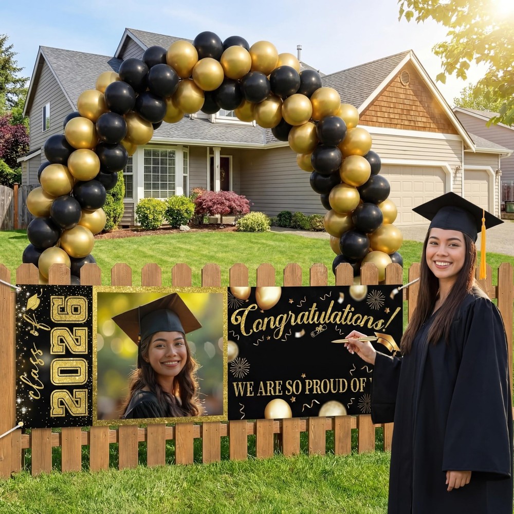 Black and Gold Graduation Photo Banner 72″ x 24″ Large Graduation Photo Backdrop