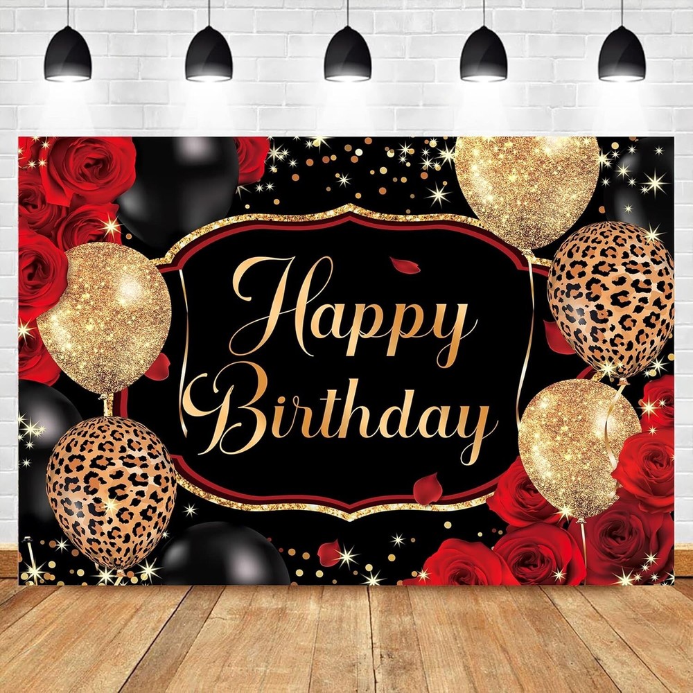 Homewelle Black Gold Happy Birthday Backdrop Polyester Fabric 7Wx5H Feet Red Ros