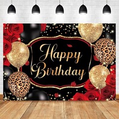 Homewelle Black Gold Happy Birthday Backdrop Polyester Fabric 7Wx5H Feet Red Ros