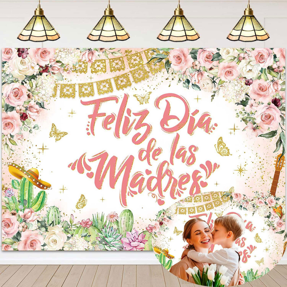 Feliz Dia De Las Madres Banner Backdrop 7X5Ft Rose Gold Flowers Happy Mothers Da