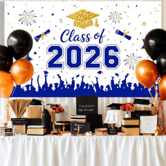 Graduation Decorations 2026 Backdrop Banner – Blue Gold Congrats Grad Photo Prop