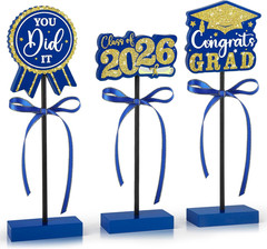 2026 Graduation Table Decorations Wooden Sign, 3Pcs Blue and Gold Graduation Tie