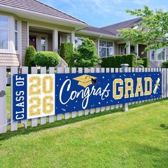 Large Graduation Banner Class of 2026 – Blue Gold Congrats Grad Yard Sign Decor