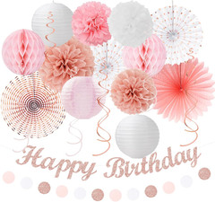 Pink White Rose-Gold Birthday Party-Decorations – 21Pcs Happy Banner, Paper Lant